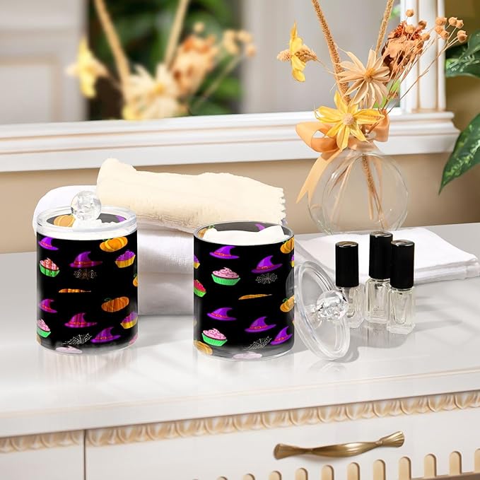 Nander 2Pack Halloween Colored Cake Qtip Holder Dispenser -Clear Plastic Apothecary Jars Set - Restroom Bathroom Makeup Organizers Containers for Cotton Swab, Ball, Pads, Floss