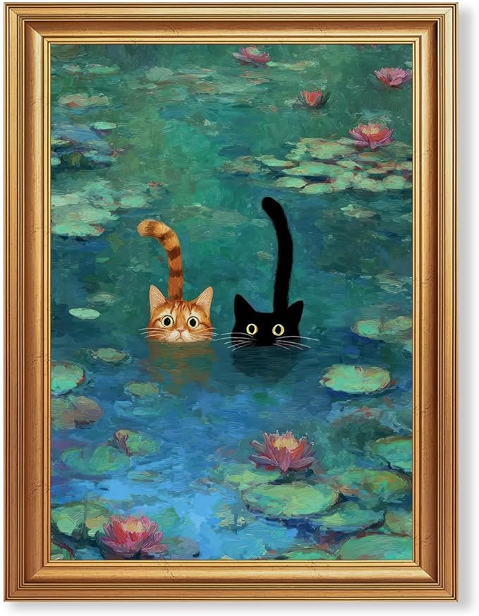 Fantasy Artists Gold Framed Wall Art Prints, Two Swimming Cats in Lotus Pond, Calm and Whimsical Cat Painting, Easy to Hang, Fade Resistant, Wall Decor for Bedroom, Living Room, Bathroom 12x16 Inches