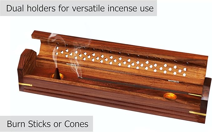 Sheesham Wood Incense Burner Holder – Set of 2 Coffin Style Carved Lattice Lid Ribbed Wood Detail Incense Box - Hidden Storage & Ash Catcher – Aromatherapy Stick & Cone Burner - 12x2x2 – COTTON CRAFT