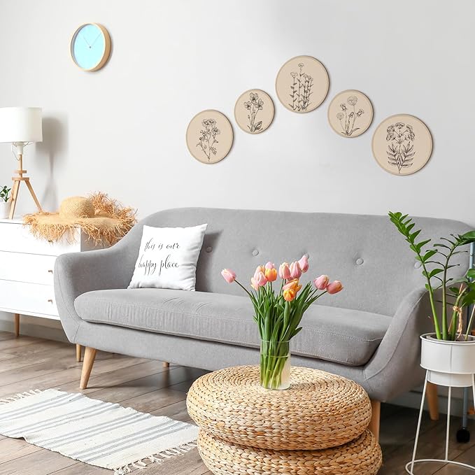 Qunclay 5 Pcs Wall Art Decor Wooden Living Room Wall Decor Bohemian Hanging Farmhouse Geometric 10'' and 8'' Aesthetic Wood Minimalist Posters for Bedroom(Floral)