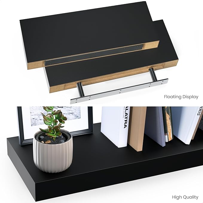 Ballucci Floating Shelves, 2-Pack 16" Wood Wall Shelf Set with Invisible Brackets for Bathroom, Living Room, Bedroom, Kitchen, Nursery, 6" Deep, Black