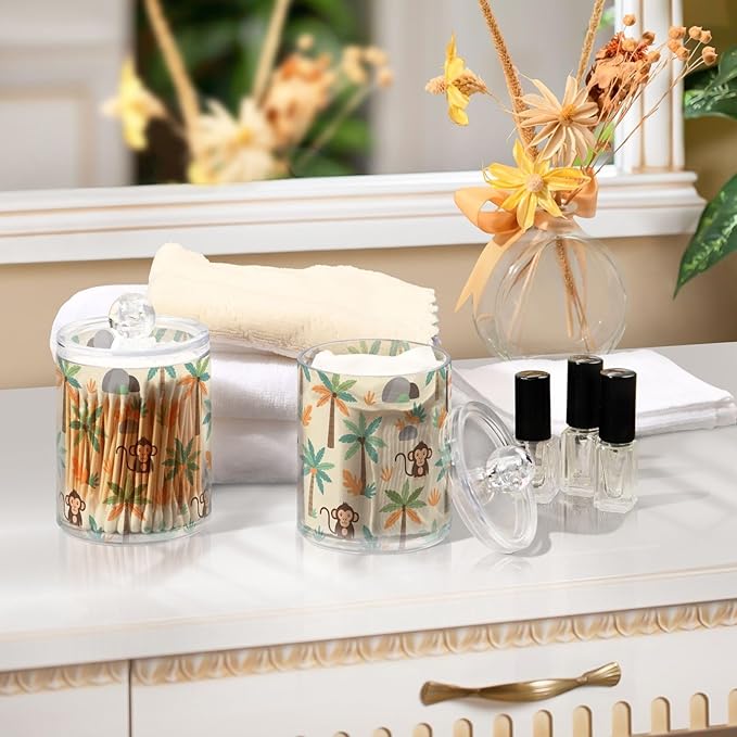 Cartoon Monkey Palm Tree Bathroom Containers Holder with Lids Set Clear Jars 2 Pack Plastic Makeup Storage Organizer 4.13 x 2.75In for Pads Cotton Swabs Hair Clips