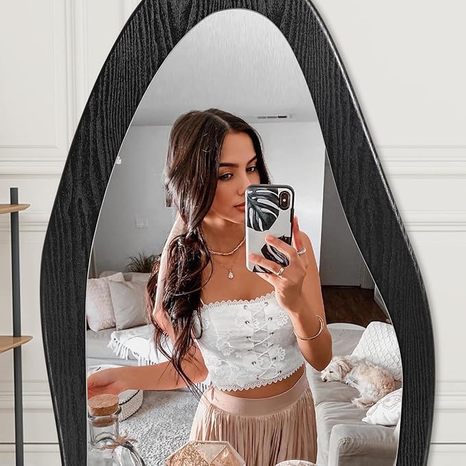 Full Length Mirror Black Irregular Wavy Mirrors 59" x 24" Asymmetrical Wall-Mounted Full Body Standing Mirror Wood Frame Mirrors for Cloakroom Bedroom Living Room