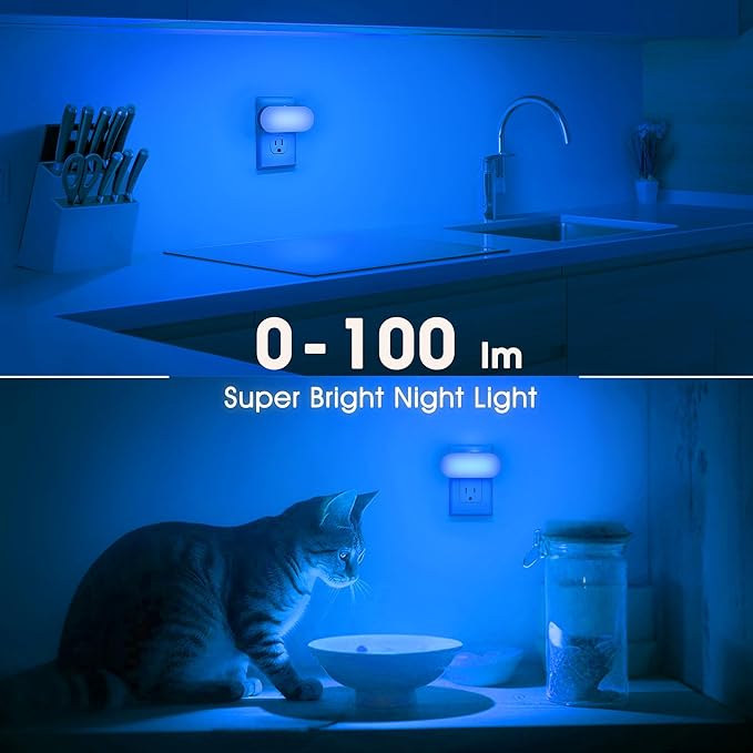 DORESshop Blue Night Light, Auto On/Off, 0-100 LM Adjustable Brightness, Dimmable Plug Into Wall Night Light for Kids Room, Bedroom, Stair Lights, Blue, 1W, 2 Pack