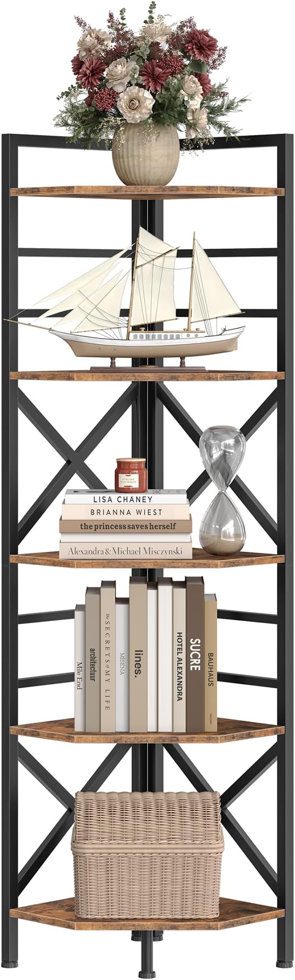 CHOEZON 69.3" Corner Shelf 5-Tier, Large Corner Shelving, Freestanding Storage Stand for Bedroom, Living Room, Kitchen, Industrial Engineered Wood Bookshelf Organizer, Rustic Brown and Black TCJ15BF