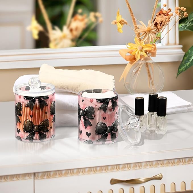 4 Pack Qtip Holder Dispenser Black Bow Heart Pink Cotton Ball Cotton Swab Round Pads Floss Clear Bathroom Storage Containers Plastic Apothecary Jars with Lids