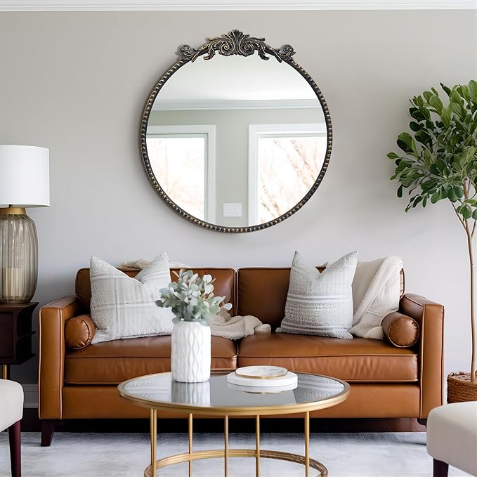 Round Mirror, 28''Baroque Style Circle Mirror Vintage Black Metal Frame Wall Mirrors for Vanity, Bathroom or Bedroom