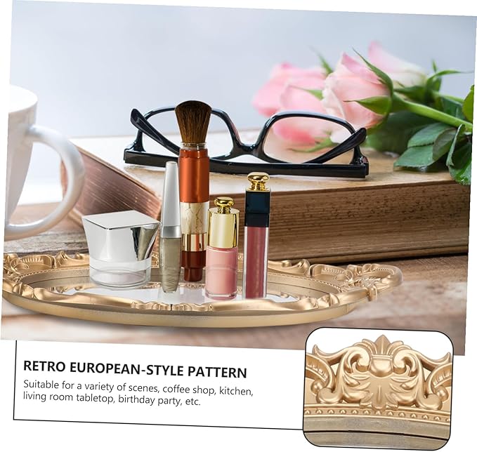 Lurrose Retro European Style Mirror Tray for Jewelry and Perfume Storage Elegant Decorative Oval Makeup Organizer Plate for Wedding Vanity Home Office Display