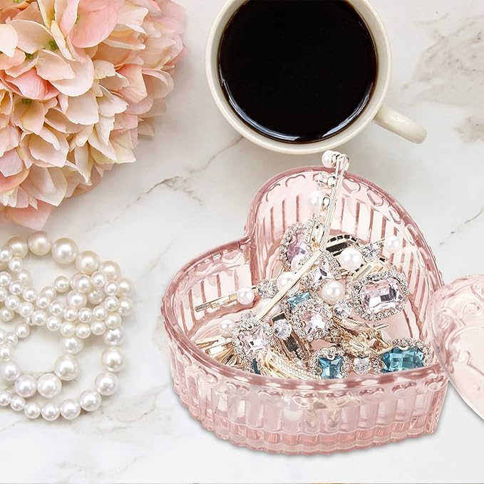Glass Jewelry Box Heart Shape Cute Box for Storage Ring Earring Trinket Vintage Jewelry Organizer Decorative Gift for Women Girls-GRB003-Pink
