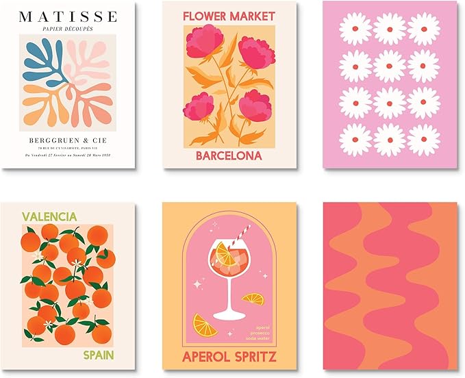 Habseligkeit Flower Market Wall Art Posters for Room Decor Aesthetic, Pink Wall Decor, Warm Matisse Home Decor for Girls Dorm, Unframed, 11x14in, Set of 6