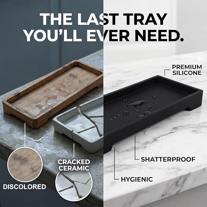 Countertop Vanity Tray - Silicone Bathroom Sink Organizer & Kitchen Soap Tray, Footed Anti-Slip Design, Waterproof Caddy for Perfume, Jewelry, Makeup, Bottle, Oil, Sponge Holder, Black (L10 x W 4.2")