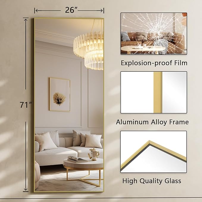 Koonmi 71"x26" Floor Mirror Full Length, Bedroom Floor Body Mirror with Stand, Large Gold Mirror, Leaning, Standing or Hanging Horizontally/Vertically