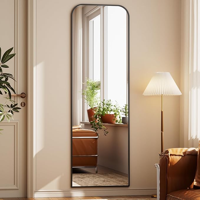 Full Length Mirror 56"x21" Arched Floor Standing Large Mirrors Full Body Mirror with Stand - with Aluminum Frame for Bedroom Living Room, Black