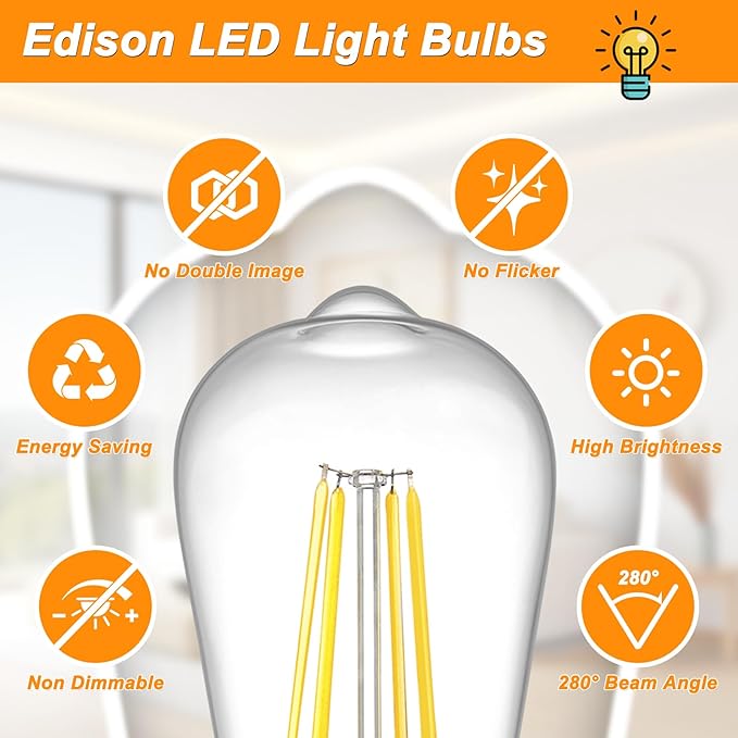Ascher Vintage LED Edison Bulbs, 6W, Equivalent 60W, Non-Dimmable, High Brightness Cool White 4000K, ST58 Antique LED Filament Bulbs with 80+ CRI, E26 Medium Base, Clear Glass, Pack of 6