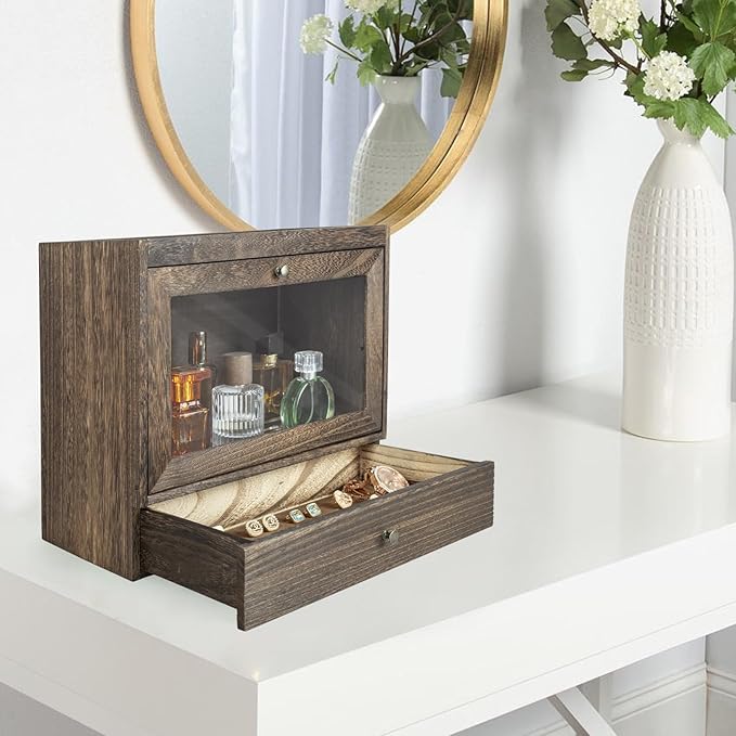 Wooden Cologne Organiser with Acrylic Display & Drawer,Vanity Storage Rack for Perfumes,Jewellery & Cosmetics,Cologne Display Stand for Men & Women,Bedroom and Bathroom Vanity Storage Amber