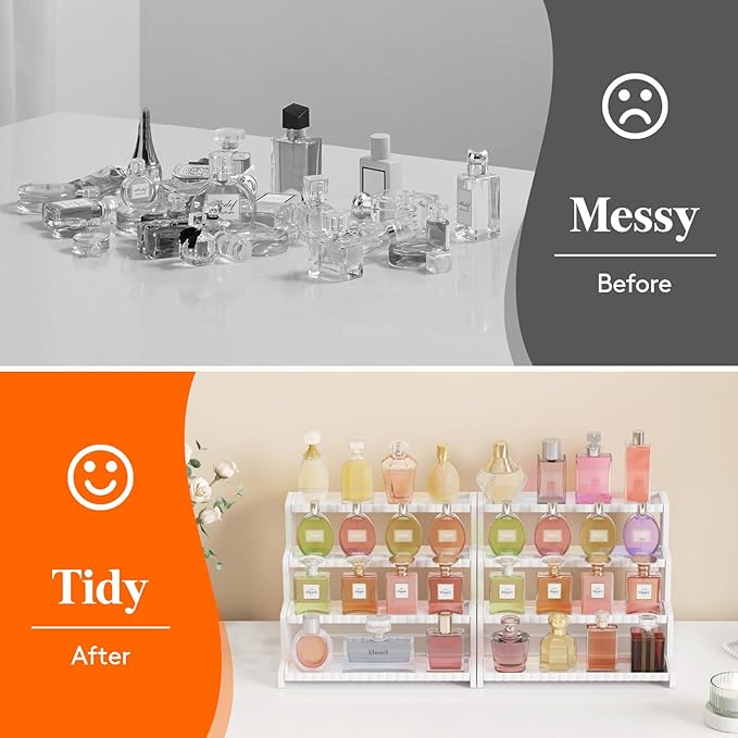 Lifewit Perfume Organizer with Fences, Plastic Cologne Stand, Tool-Free Assembly, Display Shelf for Fragrance Makeup Vanity Bedroom Bathroom Storage Organization, White, 30 cm/12",2 Pcs