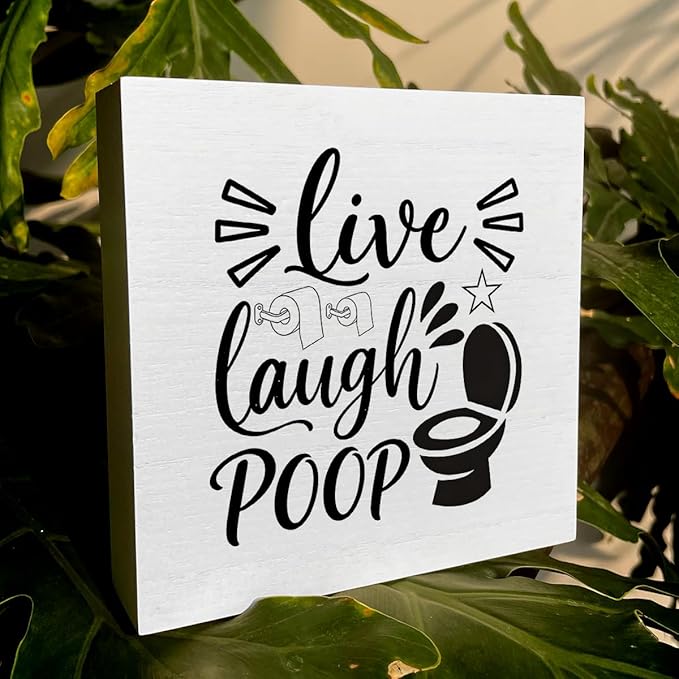 Funny Rustic Bathroom Decor Wooden Box Sign 5x5 Inch - "Live, Laugh, POOP" Humorous Restroom Shelf Wall Countertop Ornament, Farmhouse Style Decor for Guest Bathroom & Housewarming Gif