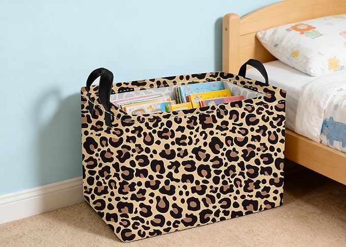 Essme Rectangular Kids Baskets,Leopard Print Storage Box,Cute Basket for Kids with Handles for Room Decor, Book Bins,Shelf Basket.(Leopard Print)