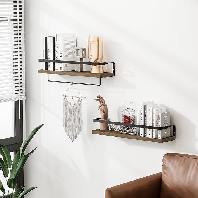 Bathroom Shelves with Towel Bar,Floating Shelves for Bathroom, Kitchen, Bedroom, Paulownia Wood, Matte Black Metal Frame - Set of 2 (Light Brown)