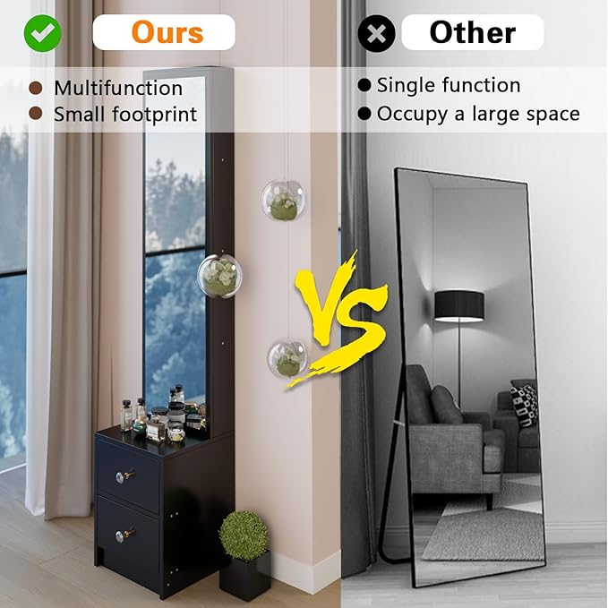 anwickjeff Full-Length Mirror with Storage, Standing Nightstand Mirror Cabinet with 2 Drawers & 4 Shelves, Makeup Storage Organizer, Gift for Women Girls (Black)