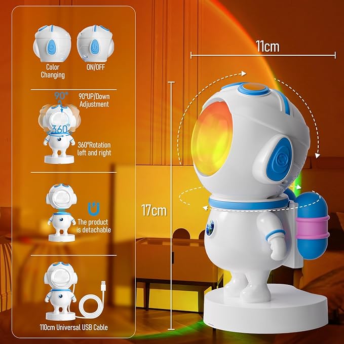 XEBKOR Astronaut Sunset Lamp Projector - 720° Magnetic Rotating RGB LED Night Light, 16M Colors Smart APP Control, Aesthetic Room Decor & Mood Lighting, Unique Space Gifts for Kids Teen Girls Adults