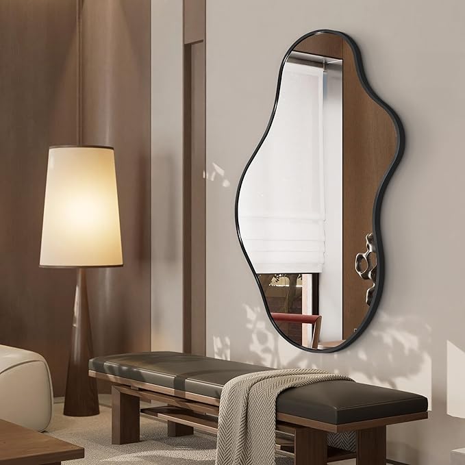 Dorlicecass Bathroom Mirrors for Over Sink - Long Wall Mirrors Decorative 24"x 43" Asymmetrical Abstract Aviation Aluminum Alloy Frame Unique for Bedroom, Living Room, Cloakroom, Entryway Black