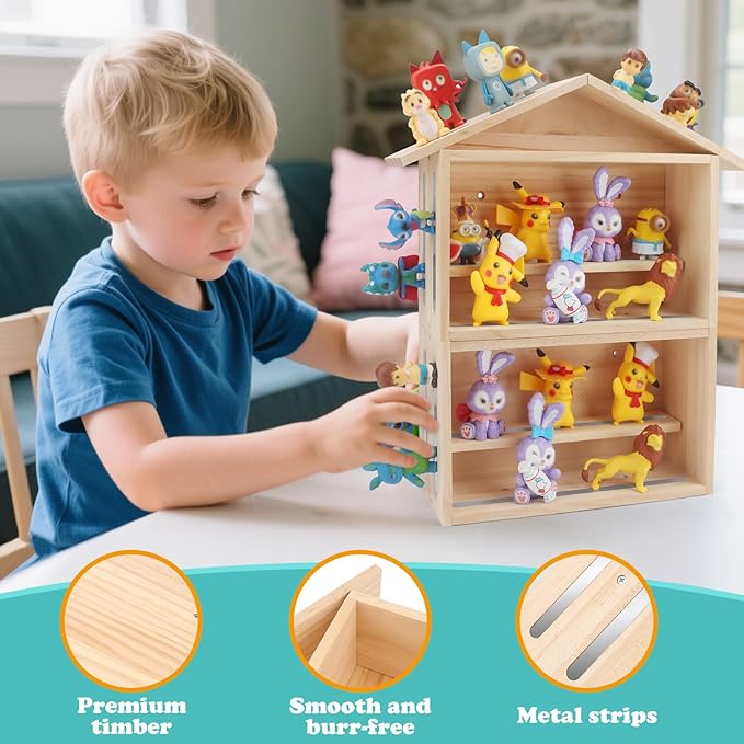 House Wooden Shelf for Tonies Box Storage Magnetic, Compatible with 15~30 Tonies Figures Characters, Combined or Split-Type Design, Wall-Mounted + Tabletop Placement