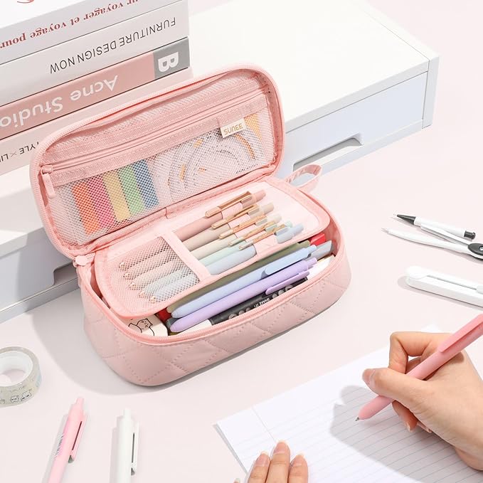 SUNEE Cute Pencil Case, Large Capacity Pencil Pouch Aesthetic Zipper Pencil Bag, Big Storage Pen Organizer for Stationery, Soft Quilted Pencil Box Back to School Supplies for Teen Girls Boys,Soft Pink