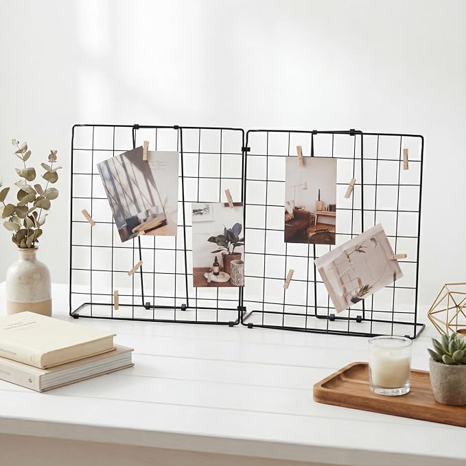 Foldable Double-sided Desktop Photo Display Rack & Grid Display Board With 20 Wooden Clips – Photo & Accessory Organizer For Home Office Black
