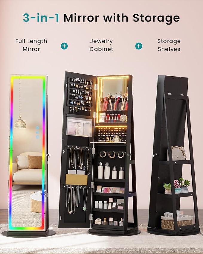 Vlskra Full Length Mirror with Storage, Lockable Jewelry Mirror Cabinet, Large Standing Jewelry Armoire with Mirror for Bedroom, Space Saving, Anti-Tangle Necklace Organizer for Women, Black