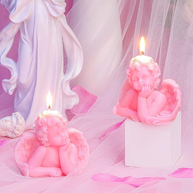 Nuanchu Eclectic Angel Decor - 2 Pieces Soy Scented Vegan Candle (White, Pink) for Girly Home Aesthetic & Trendy Bedroom Decoration