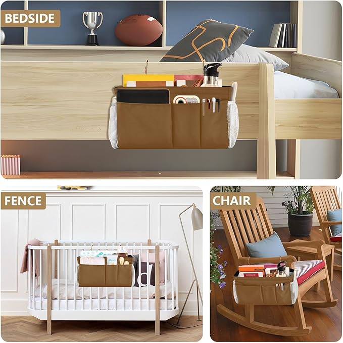 Brown Bedside Caddy Storage Bag Bedside Organizer for Bunk Bed Headboards College Organizer Caddy Hanging Shelf 6 Pockets with Hooks for Drinks Magazine Phone Holder