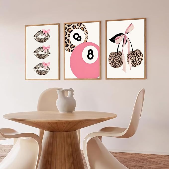 Trendy Pink Leopard Bow Wall Art Set of 3 Funky Cherry Lucky 8 Ball Posters Prints Cute Coquette Preppy Room Aesthetic Wall Decor Pictures for Girls Bedroom Apartment Dorm Unframed 16x24in