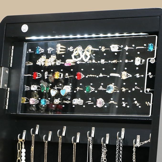 Standing Mirror Jewelry Cabinet,Full Length Mirror Jewelry Armoire Jewelry Organizer Lockable Jewelry Storage for Women Girl Frameless LED Lights 6 Drawers Black