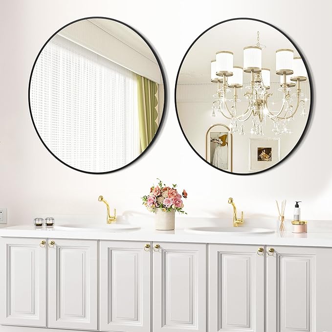 GarveeHome Black Circle Mirror for Bathroom, 30 Inch Aluminum Alloy Frame Round Mirror, High Definition Eco-Friendly Round Bathroom Mirror for Over Sink, Wall Mirror for Entryway, Bathroom, Vanity