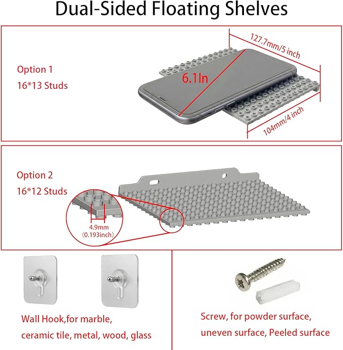 TERDEWE 12 Pack Floating Shelves for Wall Display&Storage Compatible with Lego Building Bricks, Dual-Sided Wall Shelf with 16x13 Studs for Lego Shelf Display,Room Decor,Grey