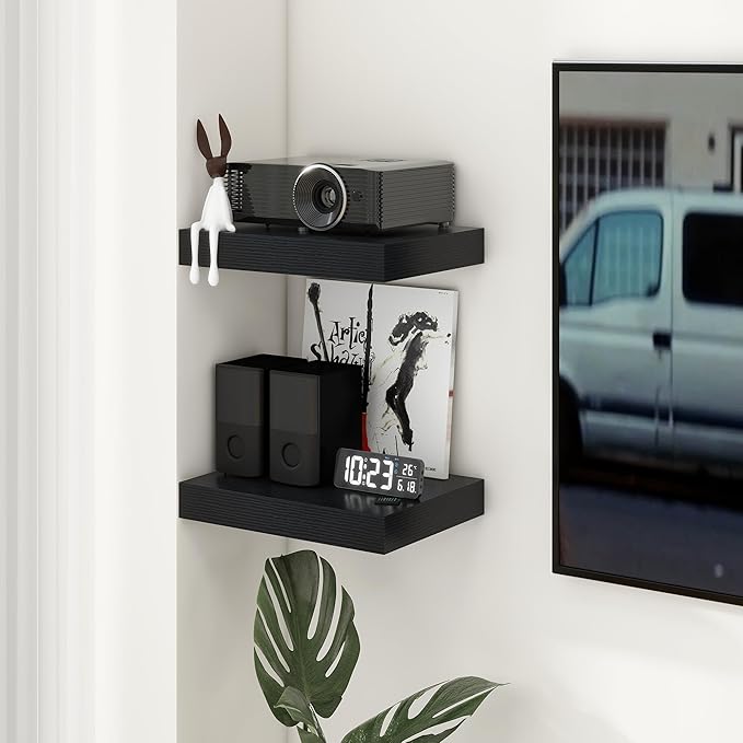 FLYJOE Deep Floating Shelves | 16 Inch Black Floating Shelves Set of 2 | 12 Inch Deep Black Wall Shelves | Deep Shelves for Living Room Bathroom Kitchen Bedroom