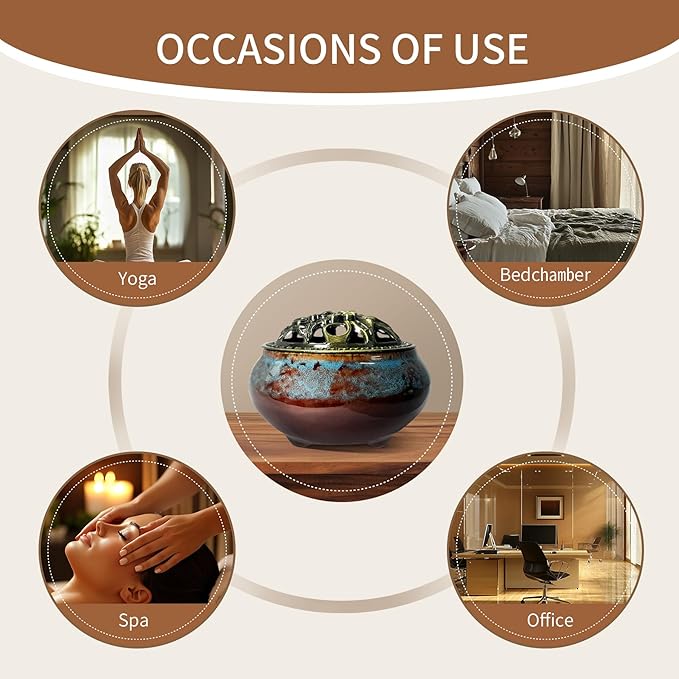 Ceramic Incense Burner, Bowl Burner,Cone Incense Burner with Brass lid for use with Stick or Cone-Shaped Incense,Lotus Incense Stick Holder Calabash Incense Stick Holder, 3pc (Fambe Blue)