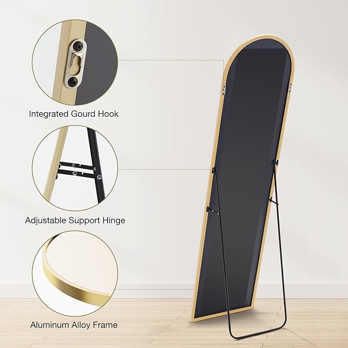 OLIXIS Gold Arched Full Length Mirror 60"x16" for Bedroom, Full Body Mirror with Stand, Hanging or Leaning for Wall, Aluminum Alloy Thin Frame Floor Standing for Living Room