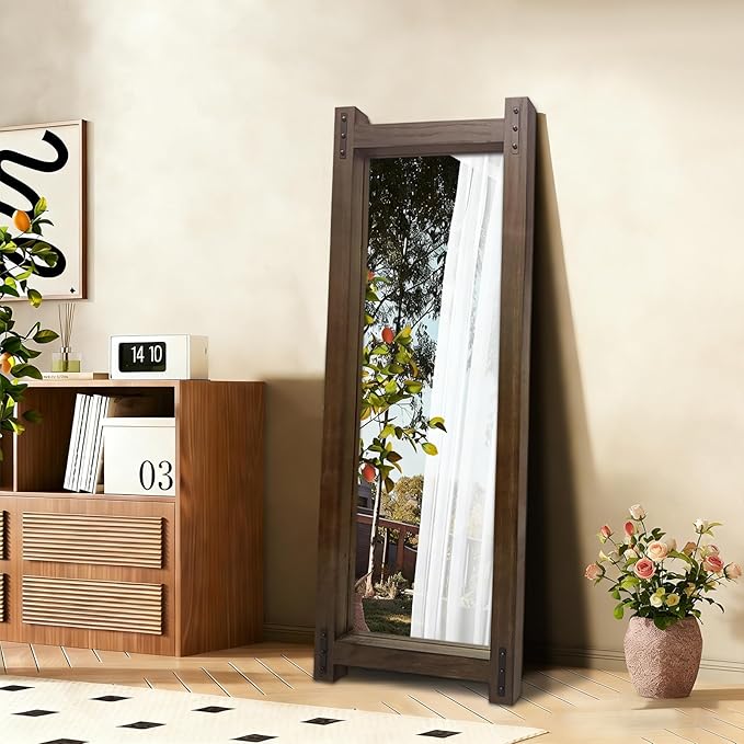 Wooden Standing Full Length Mirror Rustic Floor Full Body Wall Mounted Mirror for Farmhouse, 54"×19"