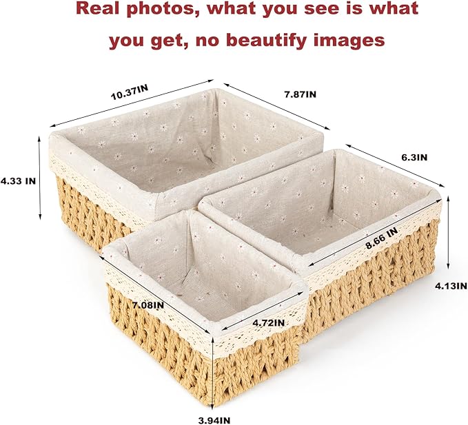 Wicker Baskets with Liner for Counter, Natural Paper Rope Rattan Storage Basket,Hand Woven Pantry Table Organizer Bins for Bedroom Living Room Bathroom School Shelves Office Desk (3 Pack Beige)