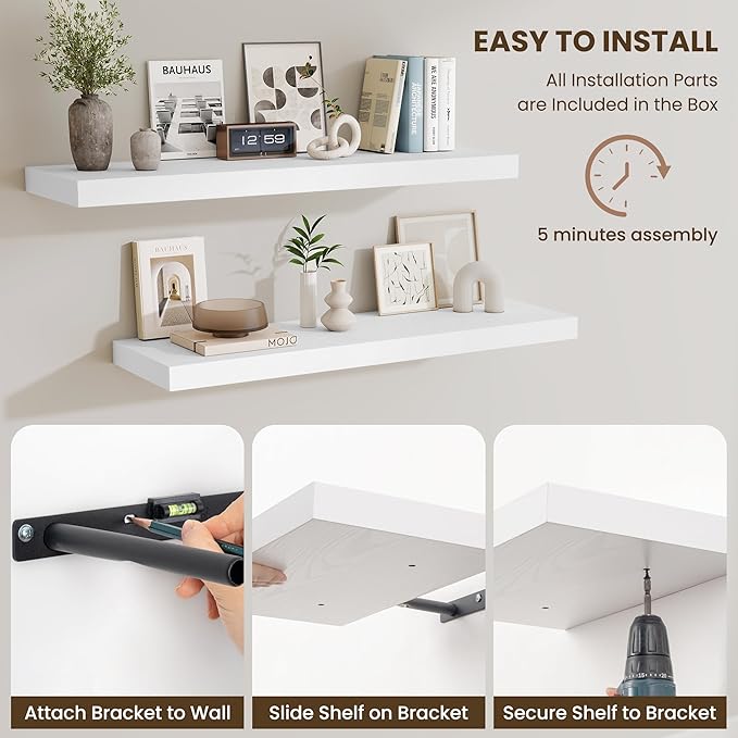 Fun Memories 55 Inch Fireplace Mantel Shelf, 10 Inch Deep Shelves for Display & Wall Storage, Rustic Wood Wall Shelf, Extra Long Floating Shelves for Living Room Laundry Room, White, Set of 1