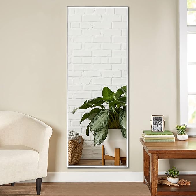 NeuType Full Length Mirror, 59"x16" Full Body Mirror with Stand Floor Mirror Full Length Standing Mirror Wall-Mounted Mirror Hanging or Leaning Against Wall Aluminum Alloy Thin Frame (White)