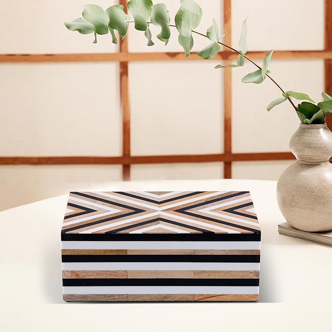 Handicrafts Home Large Decorative Storage Box with Lid – Black White Wood Coffee Table Storage Box Organizer, Storage Boxes for Home Decor, Resin Inlay Wooden Keepsake Memory Box – Chevron 12x8x5