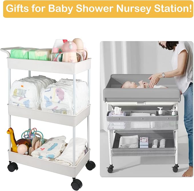 Volnamal Baby Diaper Caddy, Plastic Movable Cart for Newborn Nursery Essentials Diaper Storage Caddy Organizer for Changing Table & Crib, Easy to Assemble, Beige