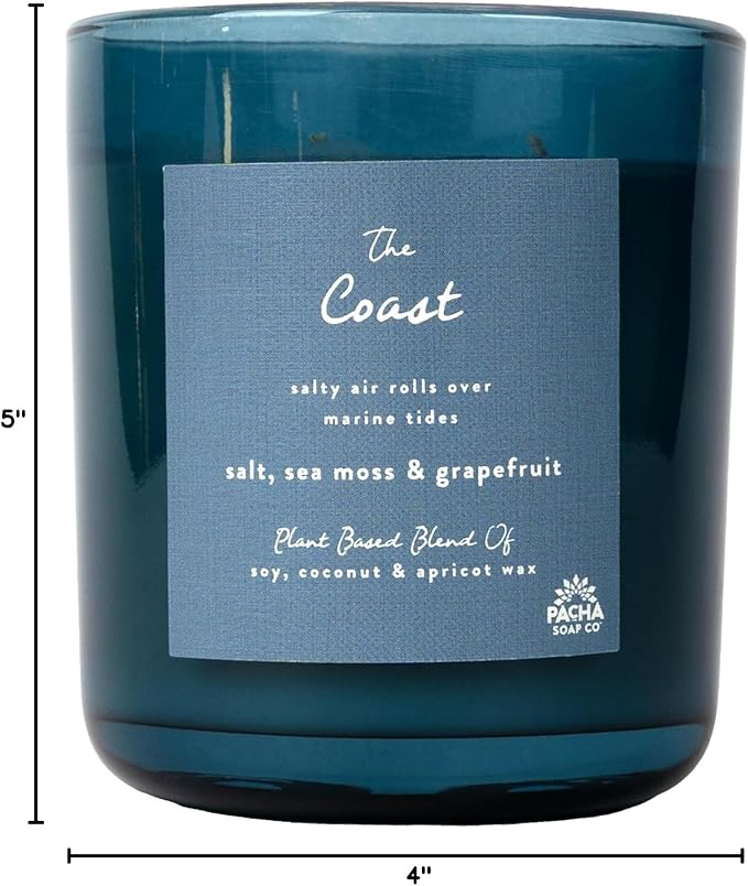 Pacha Soap Co. The Coast Candle - Salt, Sea Moss, and Grapefruit Scented, Soy, Coconut & Apricot Wax Blend, Cotton Wick, 60+ Hour Burn Time, Paraffin-Free, Recyclable, Long-Lasting, Made in USA, 12 oz