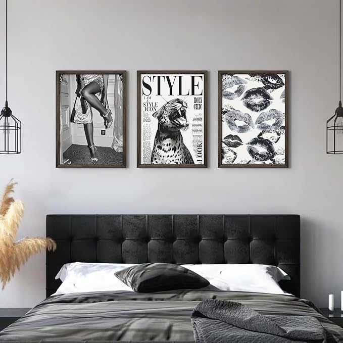 Trendy Leopard Wall Art Black and White Cheetah Canvas Wall Decor Fashion Preppy Room Poster Vintage Y2k Aesthetic Prints Funky Heels Lips Pictures Artwork for Girl Bedroom 16x24x3 Inch Wood Framed