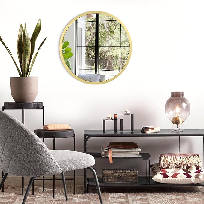 JJUUYOU Round Wall Mirror Decorative Circular Mirror for Bathroom Small Aqua Gold Decor Circle for Wall Metal Framed Make up Farmhouse Living Room Bedroom Dorm 16Inch