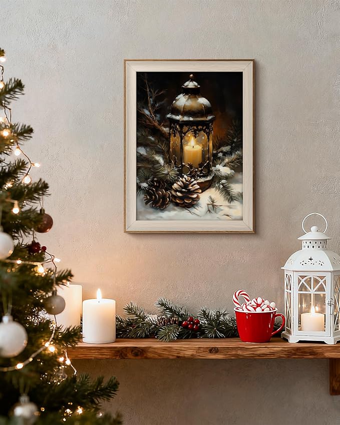 VIYYIEA Winter Framed Wall Art for Living Room, Oil Lamp Canvas Prints, Oil Painting Home Decor, Christmas Picture, Bathroom Wall Decor Gifts for Friends or Family - 16L x 12W