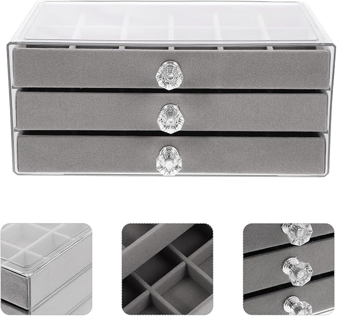 KALLORY Transparent Drawer Jewelry Organizer Box Earring Display Holder Large Capacity Ring Necklace Storage Case for Women Gray Trinket and Makeup Organizer